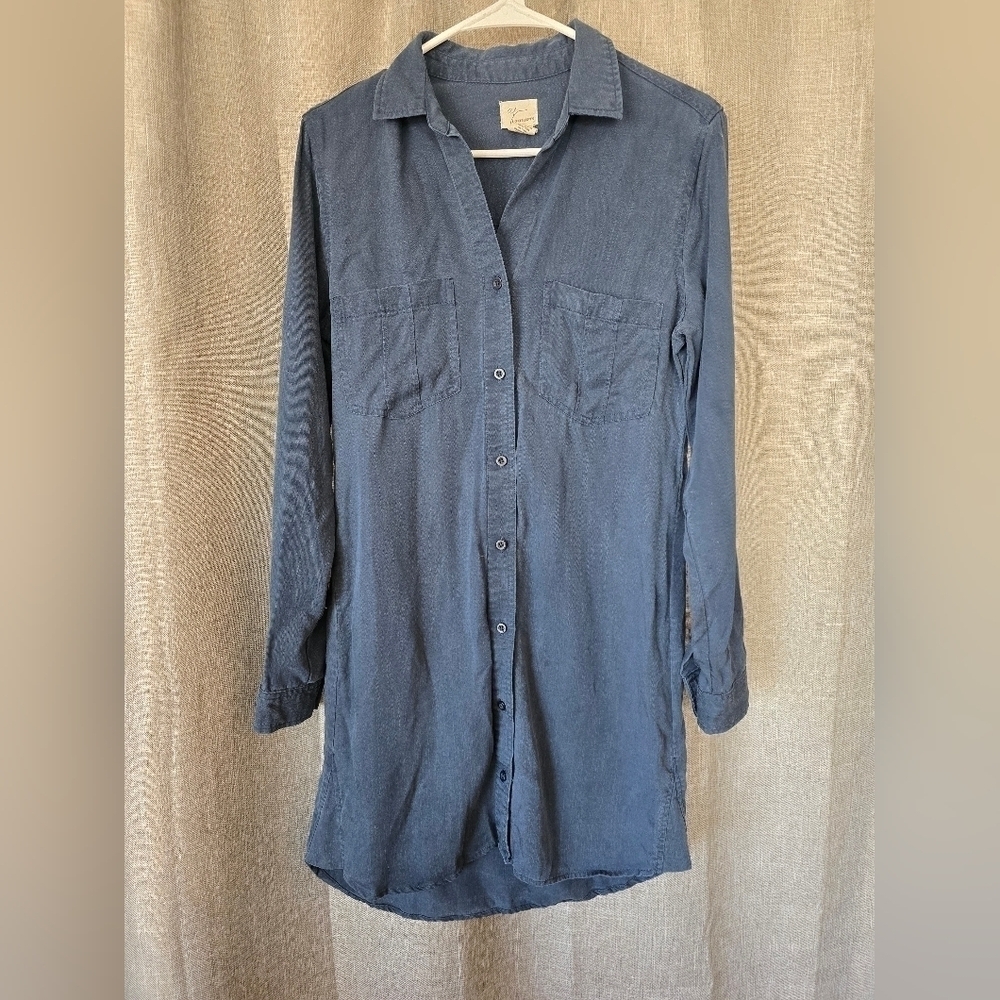 Andrea Jovine Navy Chambray Button Down Shirt Dress Long Slv Size 4 100% Tencel